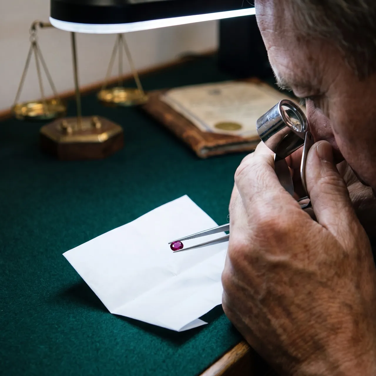 Gemmologische Prüfung eines Edelsteins am Prüftisch — Juwelier in Berlin-Charlottenburg