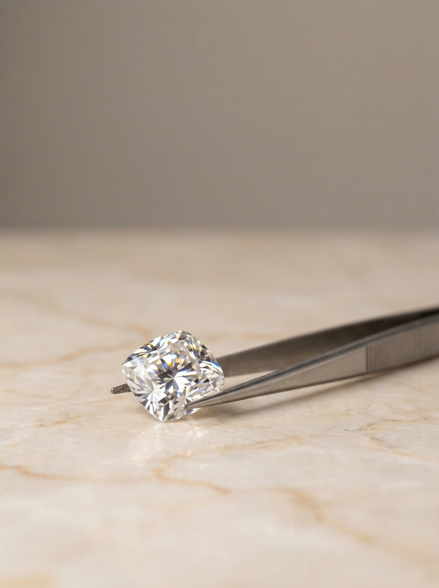 Loser Investment-Diamant über einem Karat mit Pinzette und Zertifikat im Tageslicht.